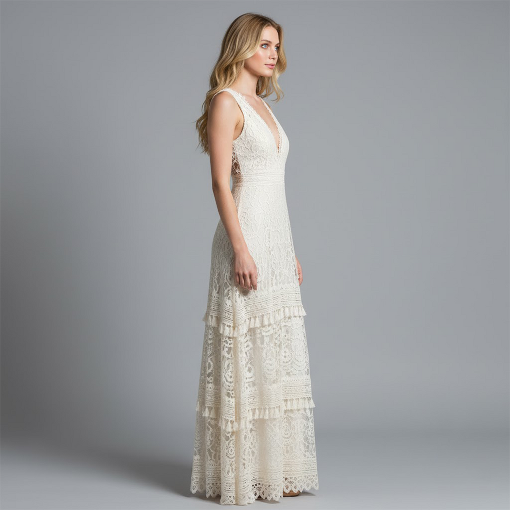 Sophie | Women’s V Neck Sleeveless Lace Tiered Maxi Dress With Open Back