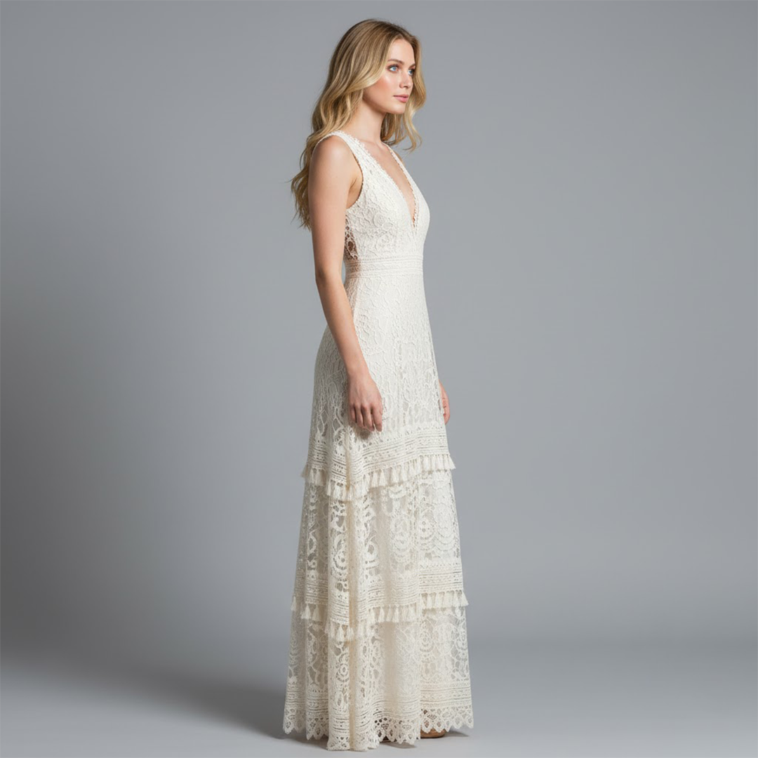 Sophie | Women’s V Neck Sleeveless Lace Tiered Maxi Dress With Open Back