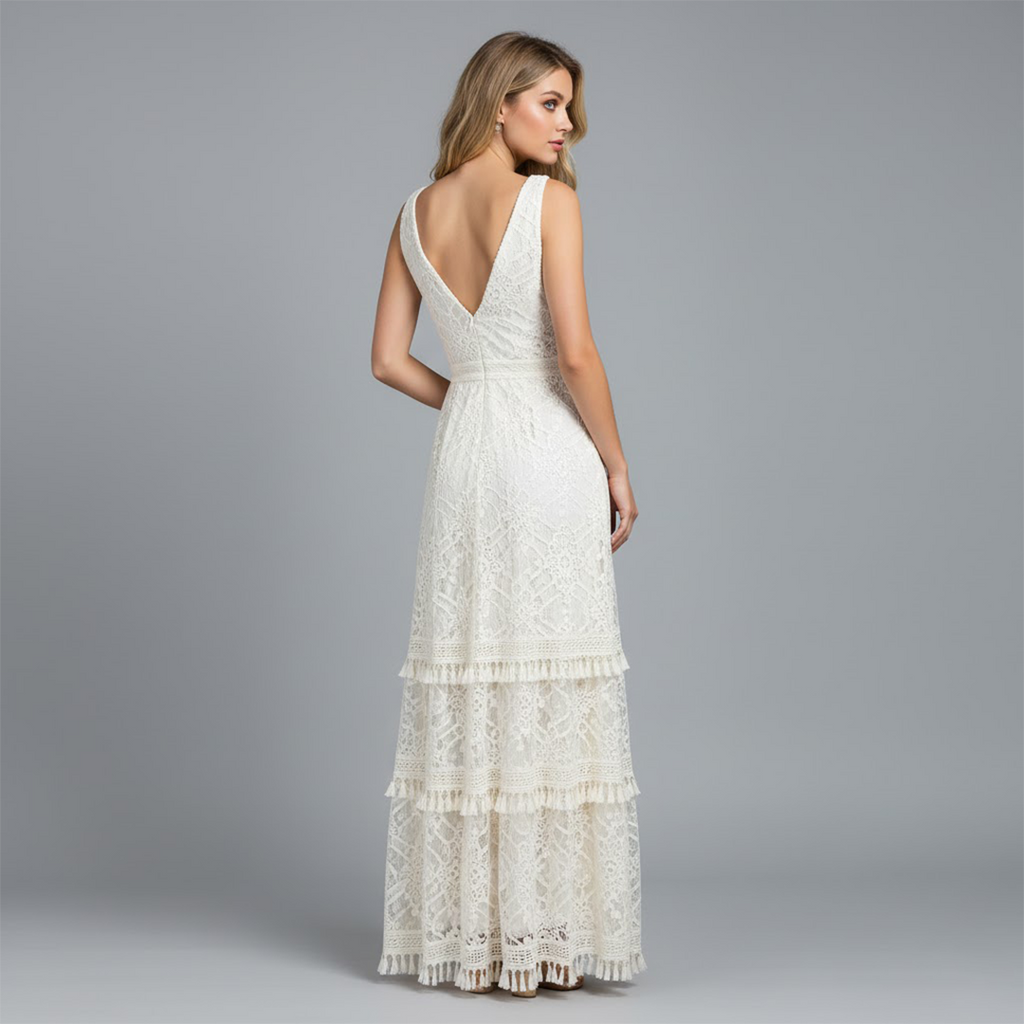Sophie | Women’s V Neck Sleeveless Lace Tiered Maxi Dress With Open Back