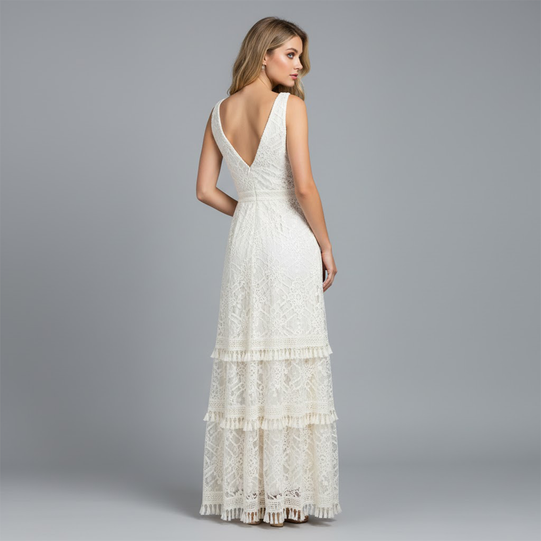 Sophie | Women’s V Neck Sleeveless Lace Tiered Maxi Dress With Open Back