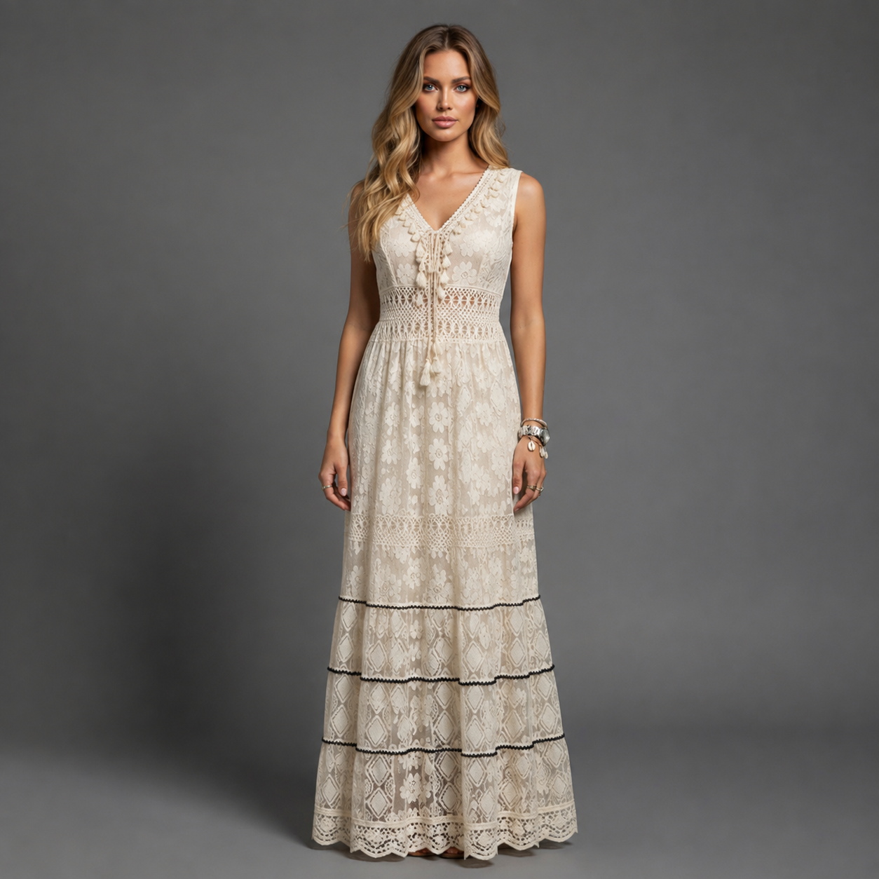 Sophie | Women’s V Neck Sleeveless Lace Tiered Maxi Dress With Open Back