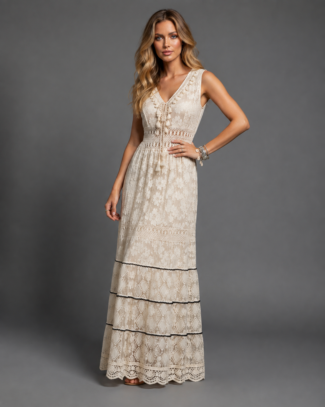 Sophie | Women’s V Neck Sleeveless Lace Tiered Maxi Dress With Open Back