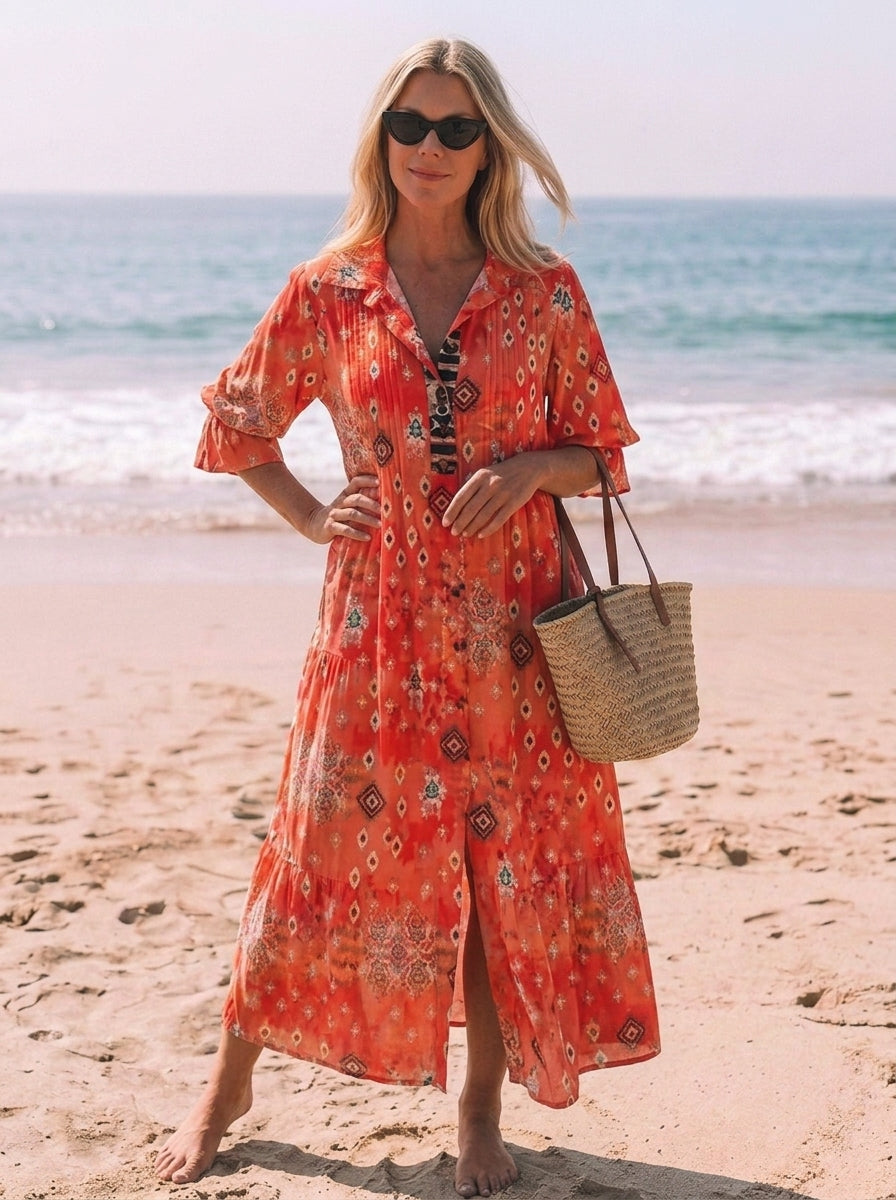 Ella | Women’s V-Neck Flowy Boho Button-Down Dress