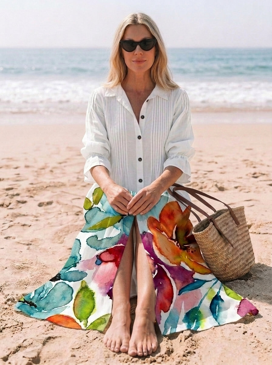 Ella | Women’s V-Neck Flowy Boho Button-Down Dress