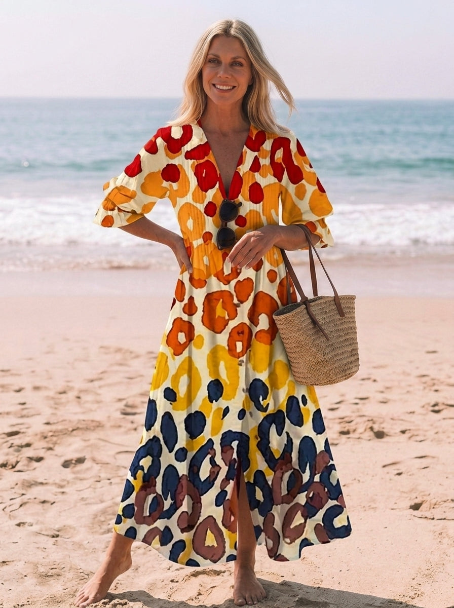 Ella | Women’s V-Neck Flowy Boho Button-Down Dress