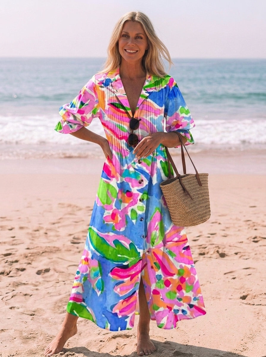 Ella | Women’s V-Neck Flowy Boho Button-Down Dress
