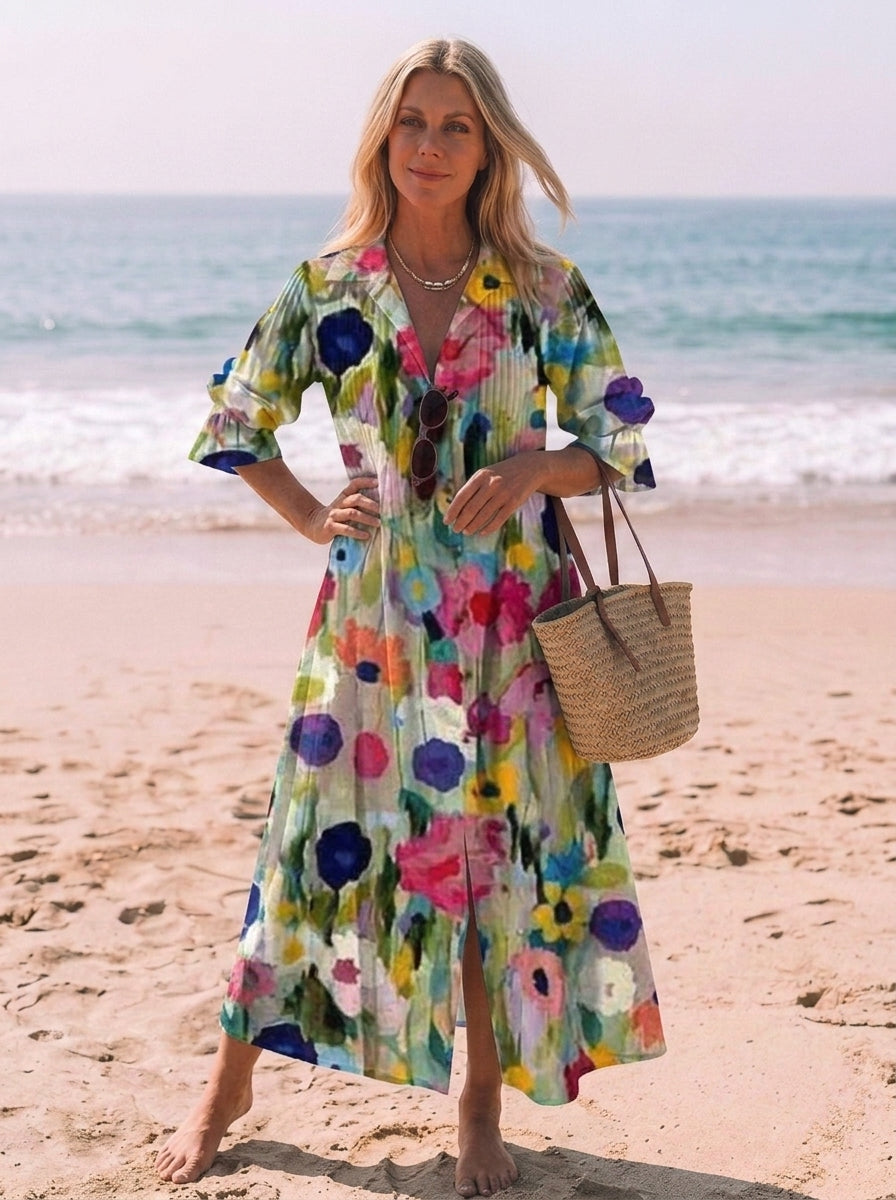 Ella | Women’s V-Neck Flowy Boho Button-Down Dress