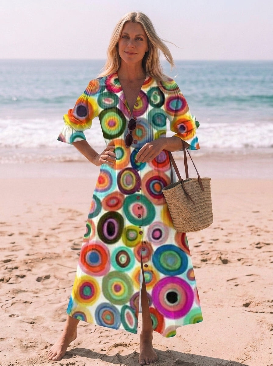 Ella | Women’s V-Neck Flowy Boho Button-Down Dress
