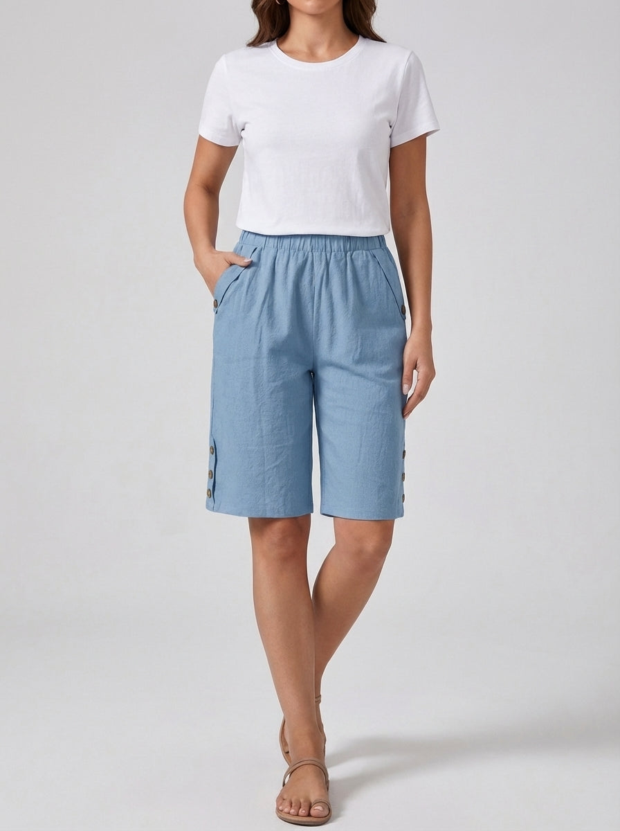 Fiona | Women’s High Rise Knee Length Side Button Shorts