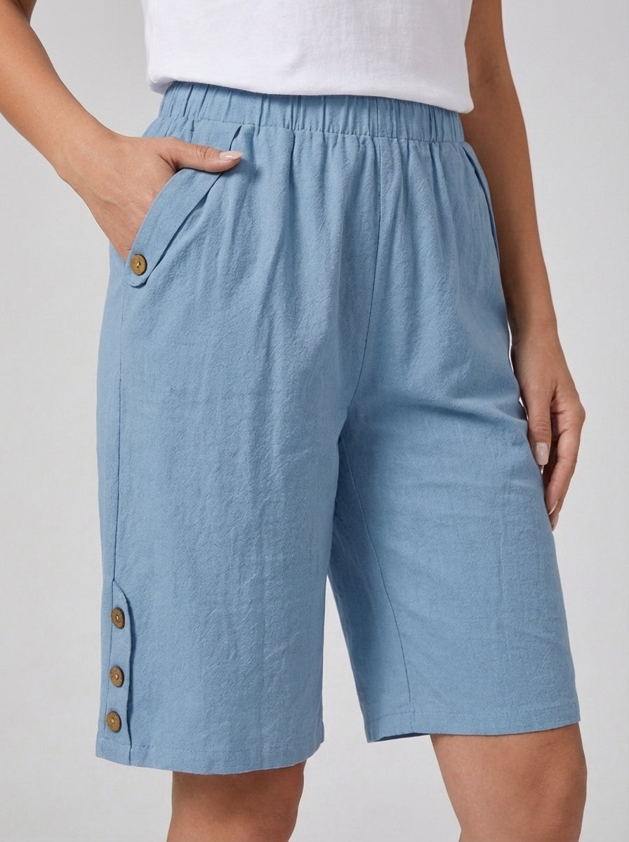 Fiona | Women’s High Rise Knee Length Side Button Shorts