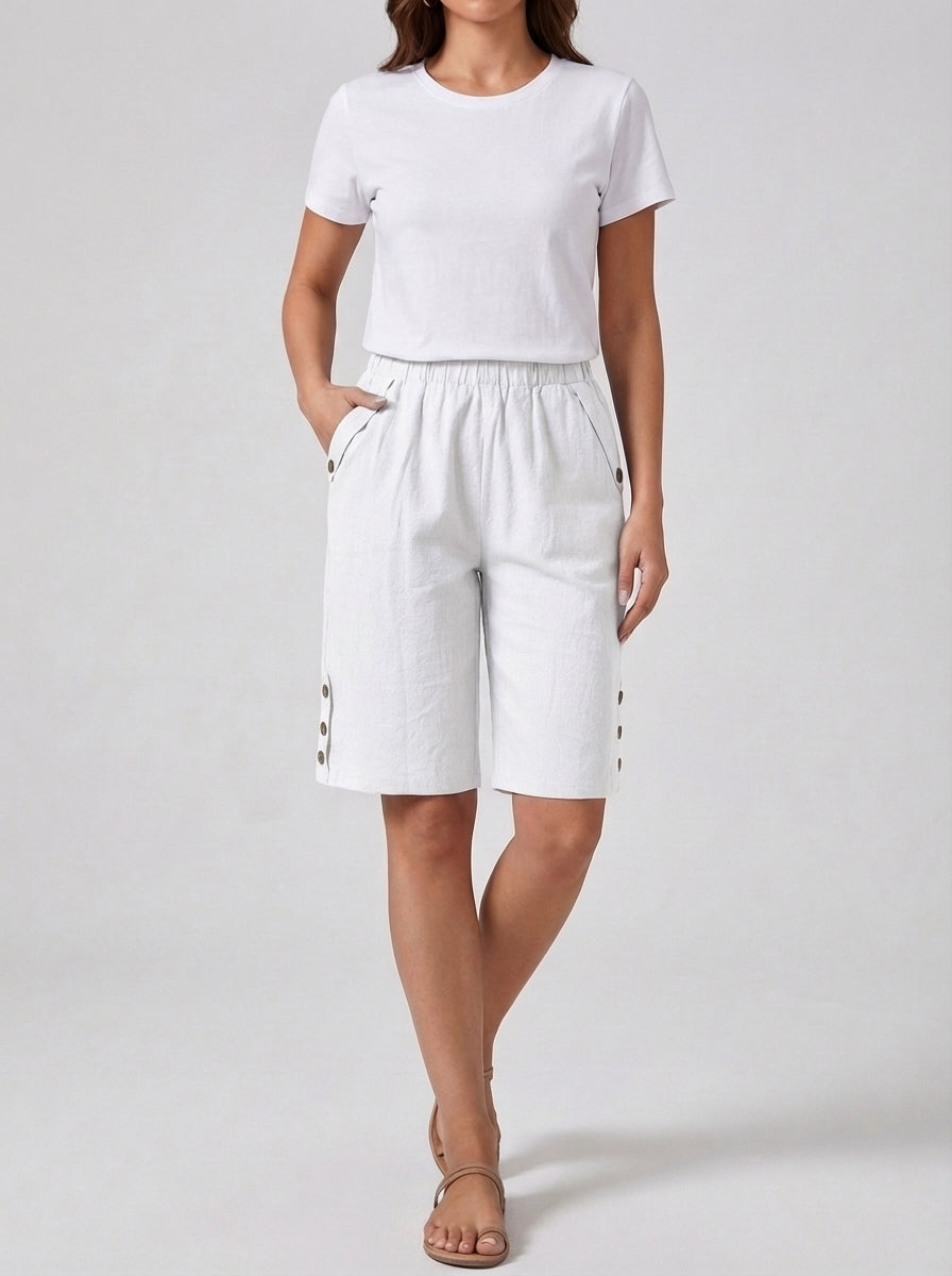 Fiona | Women’s High Rise Knee Length Side Button Shorts