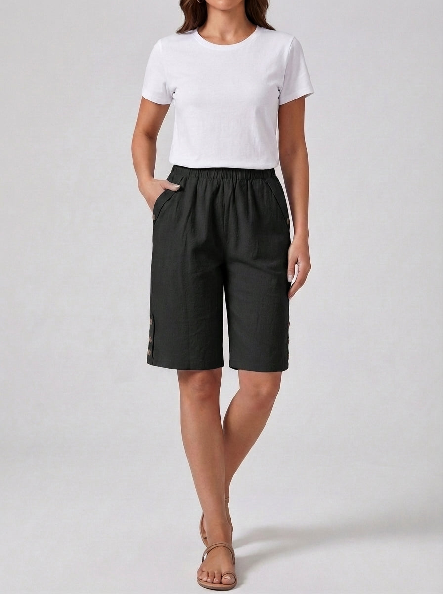 Fiona | Women’s High Rise Knee Length Side Button Shorts