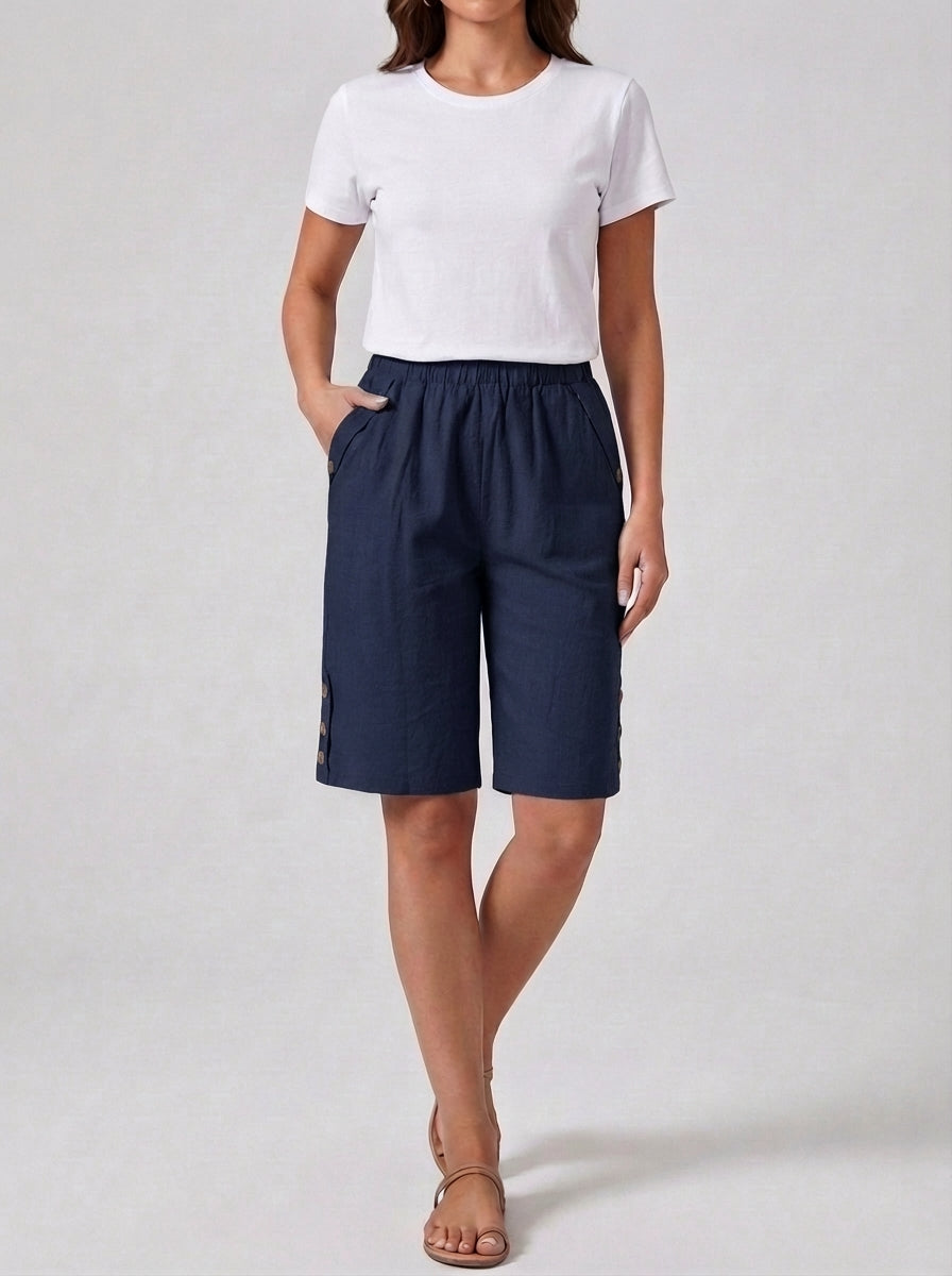Fiona | Women’s High Rise Knee Length Side Button Shorts