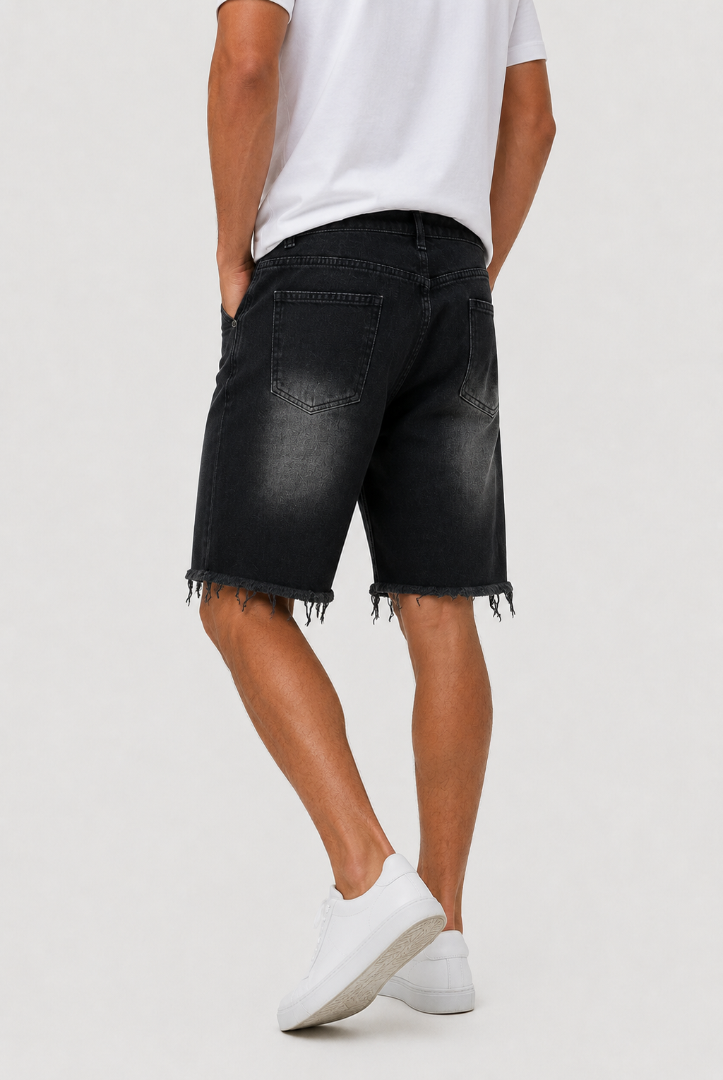 Frank | Men’s Washed Black Denim Shorts With Frayed Hem