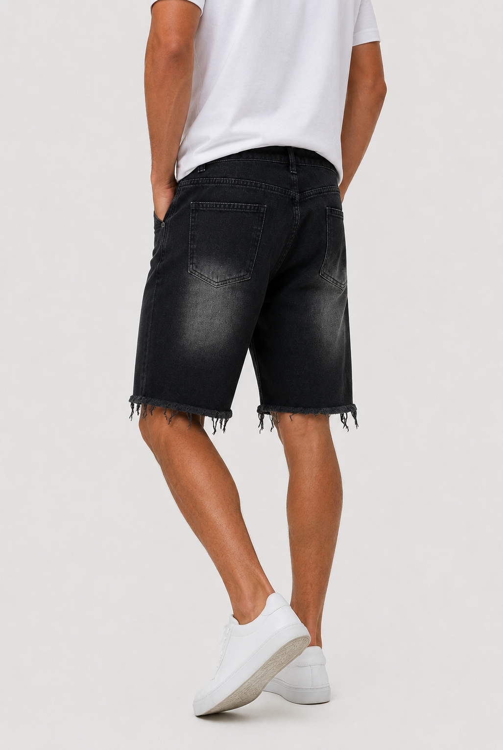 Frank | Men’s Washed Black Denim Shorts With Frayed Hem