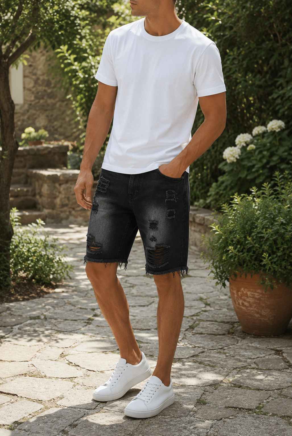 Frank | Men’s Washed Black Denim Shorts With Frayed Hem