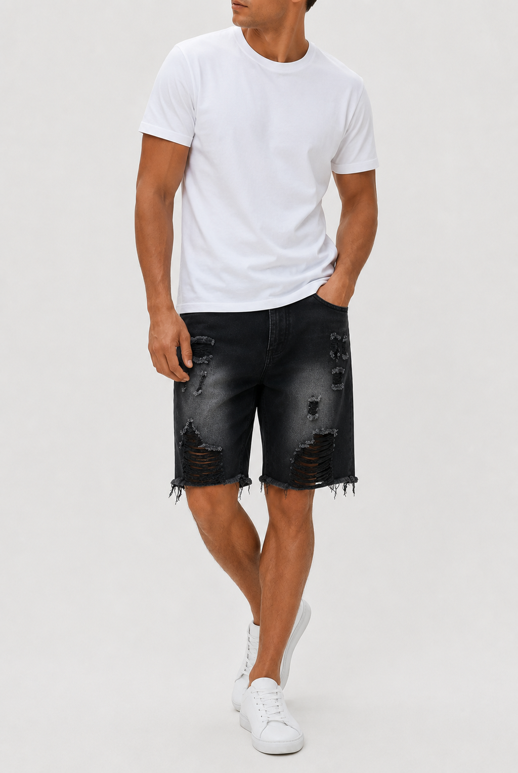 Frank | Men’s Washed Black Denim Shorts With Frayed Hem