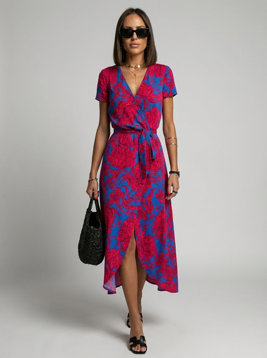 Hannah | Women’s Floral V Neck Dress With Front Slit And Tie Waist