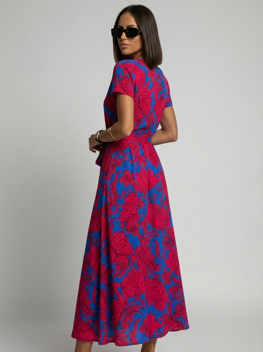 Hannah | Women’s Floral V Neck Dress With Front Slit And Tie Waist