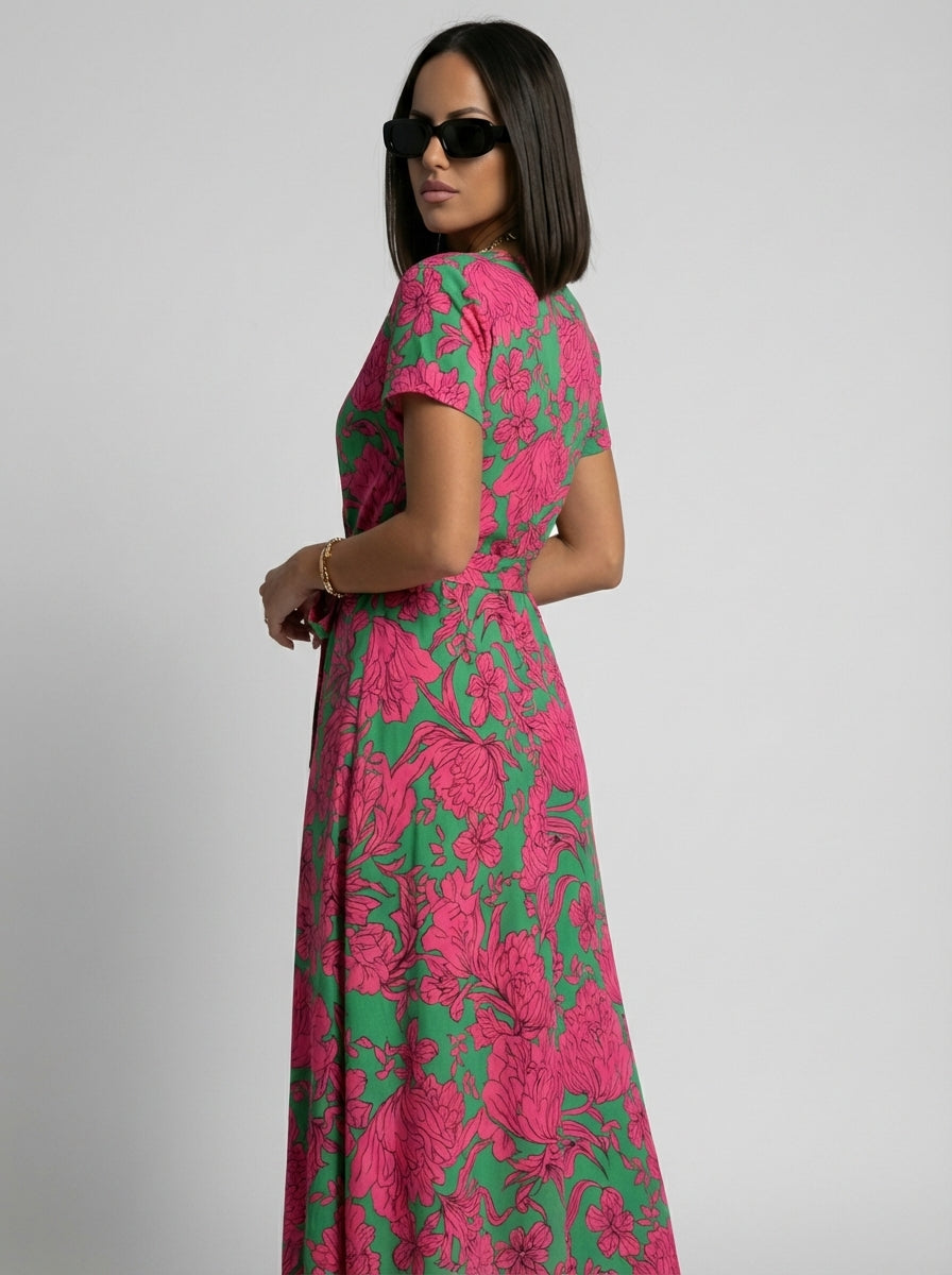 Hannah | Women’s Floral V Neck Dress With Front Slit And Tie Waist