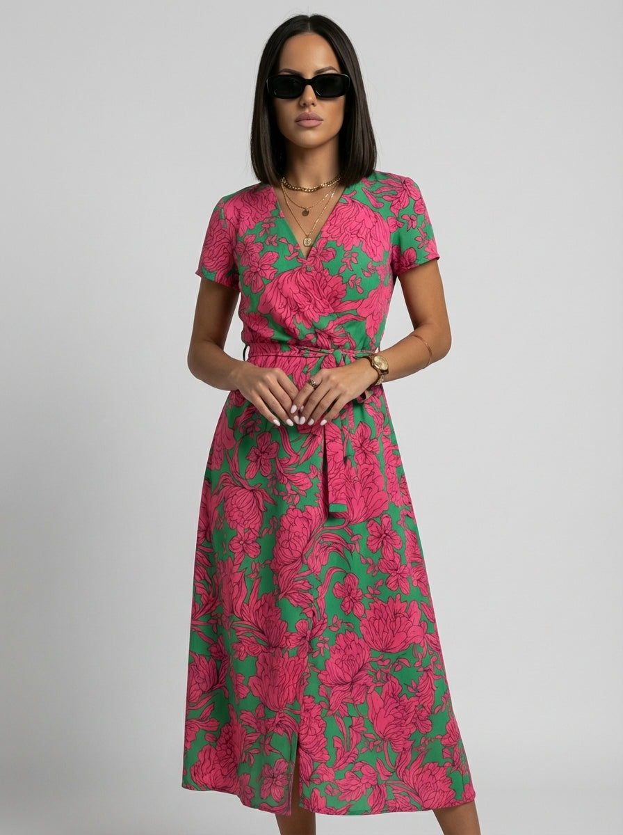 Hannah | Women’s Floral V Neck Dress With Front Slit And Tie Waist