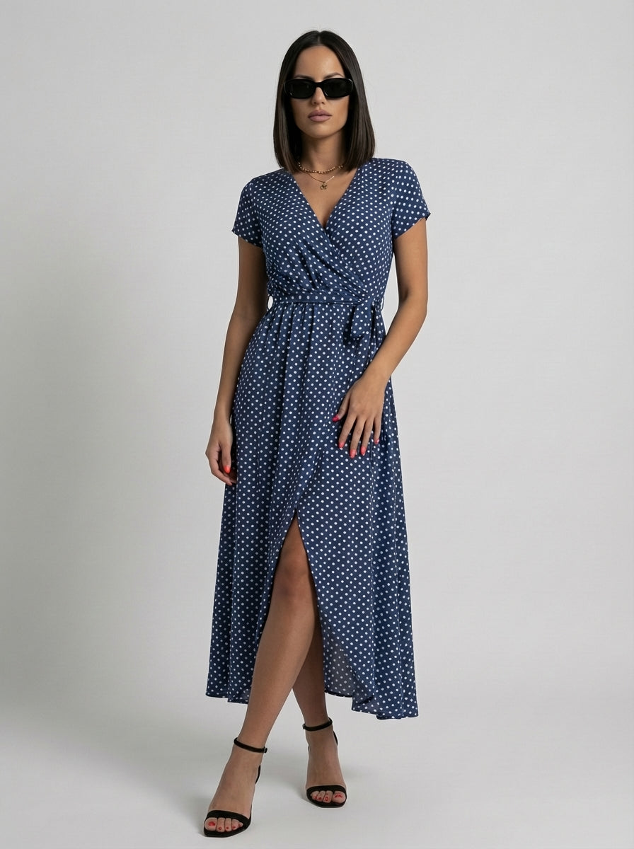 Hannah | Women’s Floral V Neck Dress With Front Slit And Tie Waist