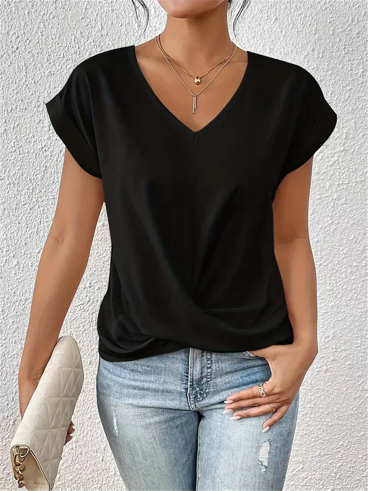 Lucia | Women’s V Neck Twist Front Short Sleeve Knit Shirt