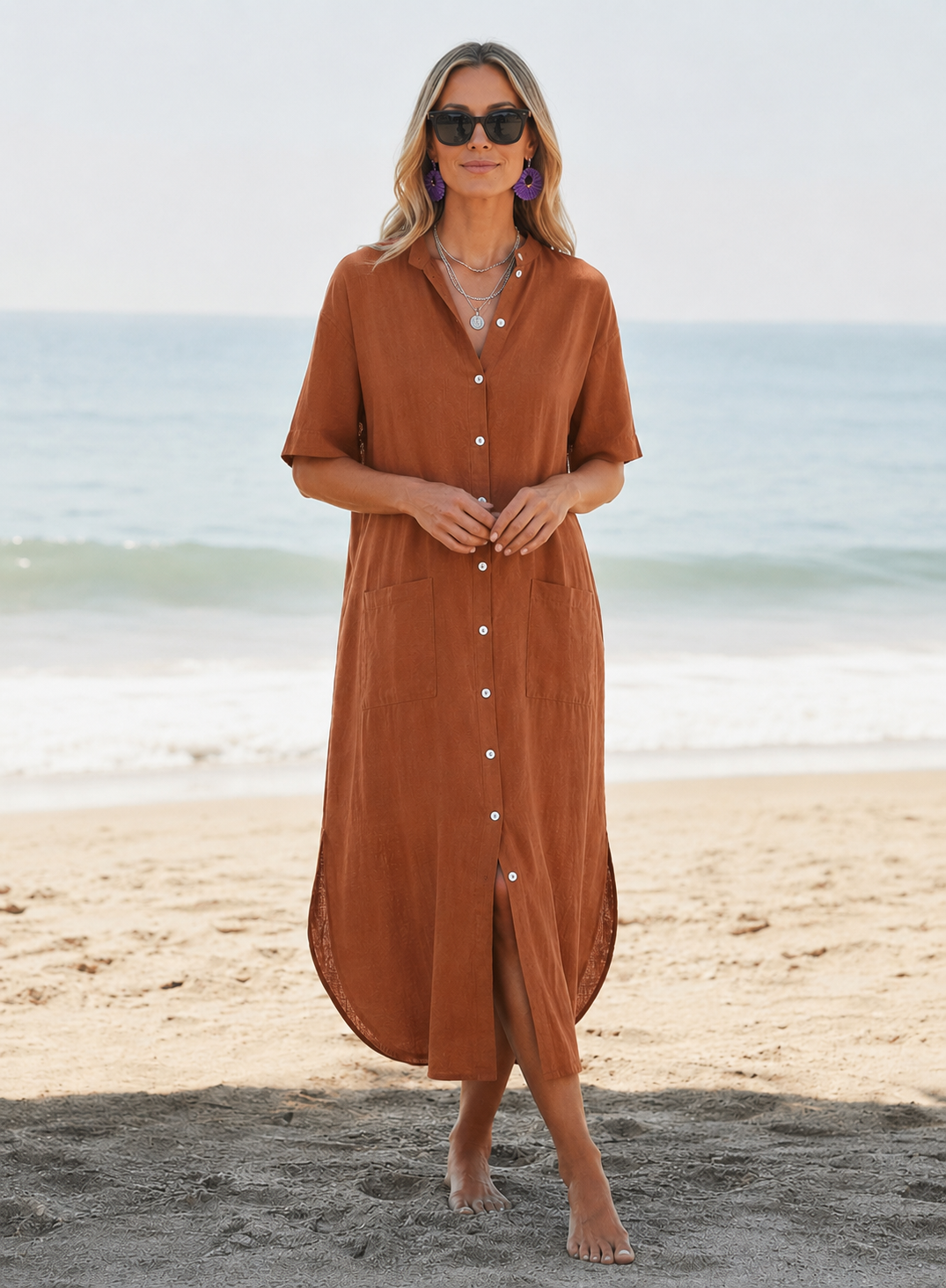 Maggie | Women’s Button Front Collared Beach Cover Up Dress