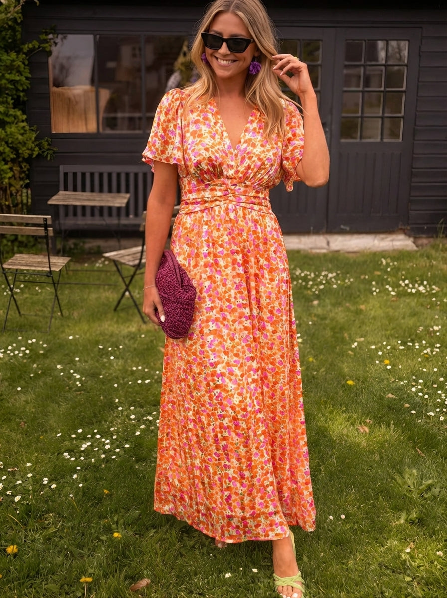 Maya | Women’s Summer Floral V Neck Flutter Sleeve Maxi Dress