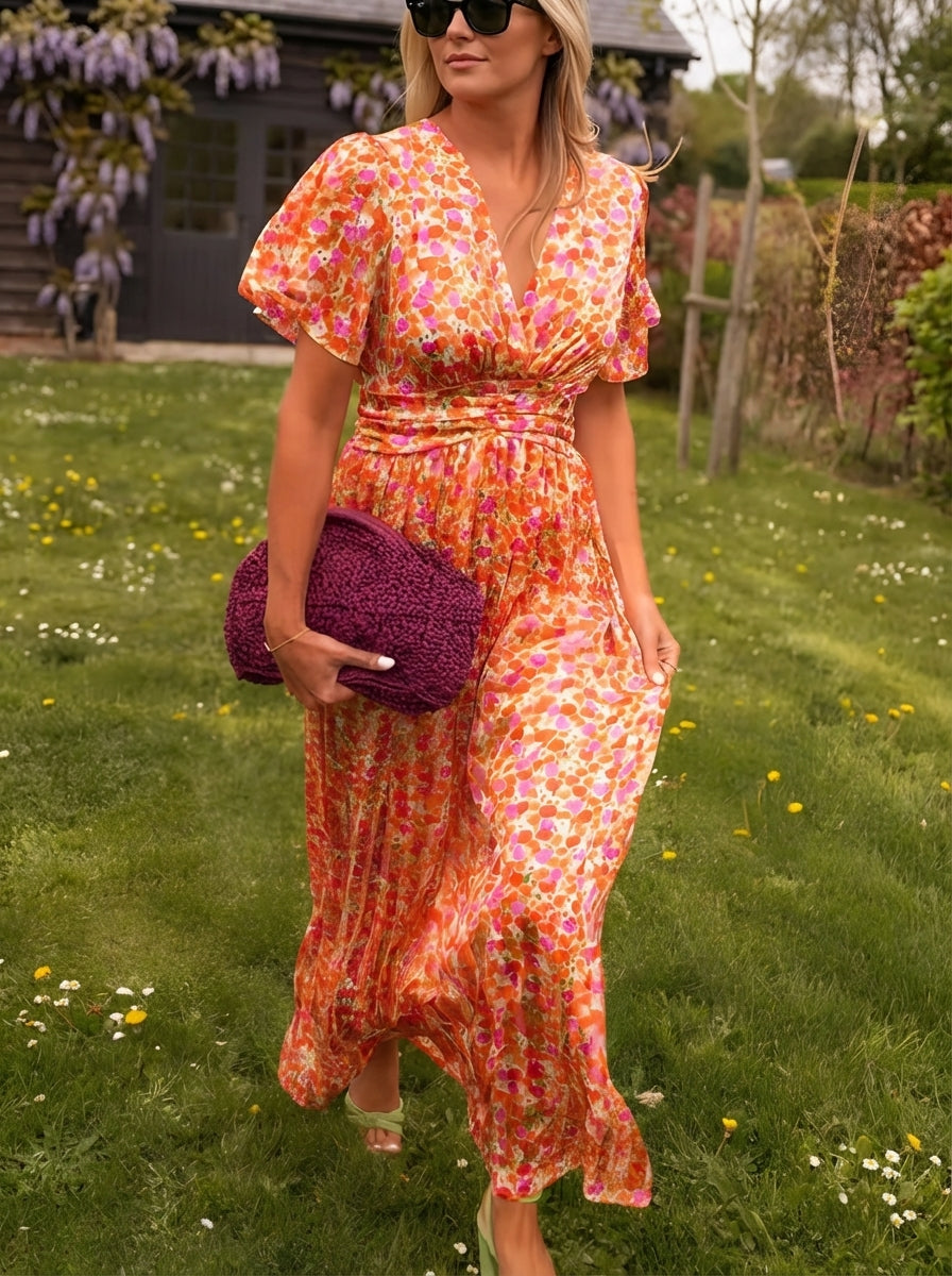 Maya | Women’s Summer Floral V Neck Flutter Sleeve Maxi Dress