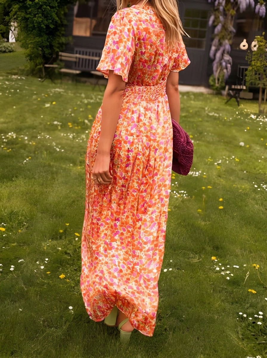 Maya | Women’s Summer Floral V Neck Flutter Sleeve Maxi Dress