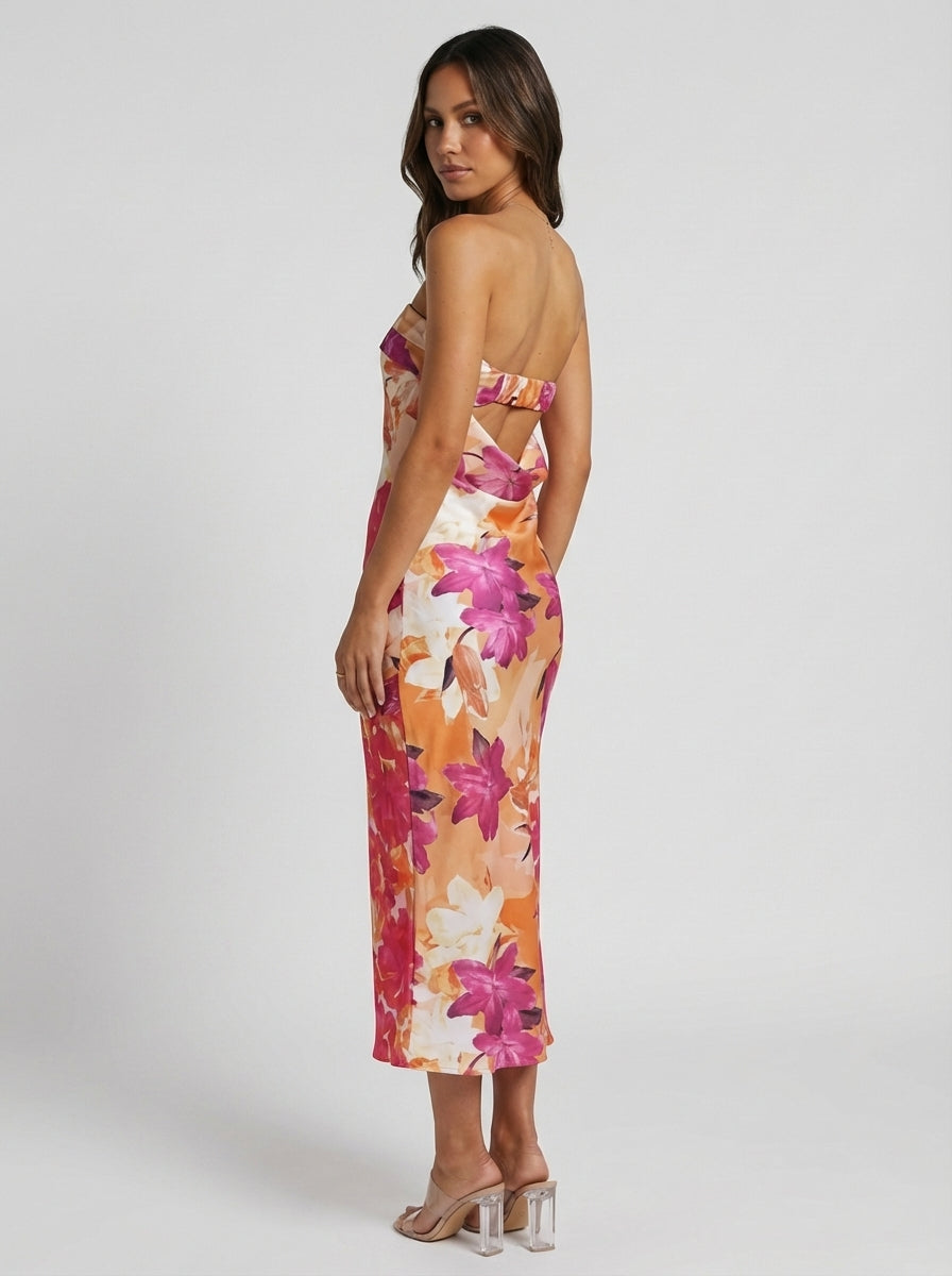 Megan | Women’s Strapless Floral Print Summer Midi Dress