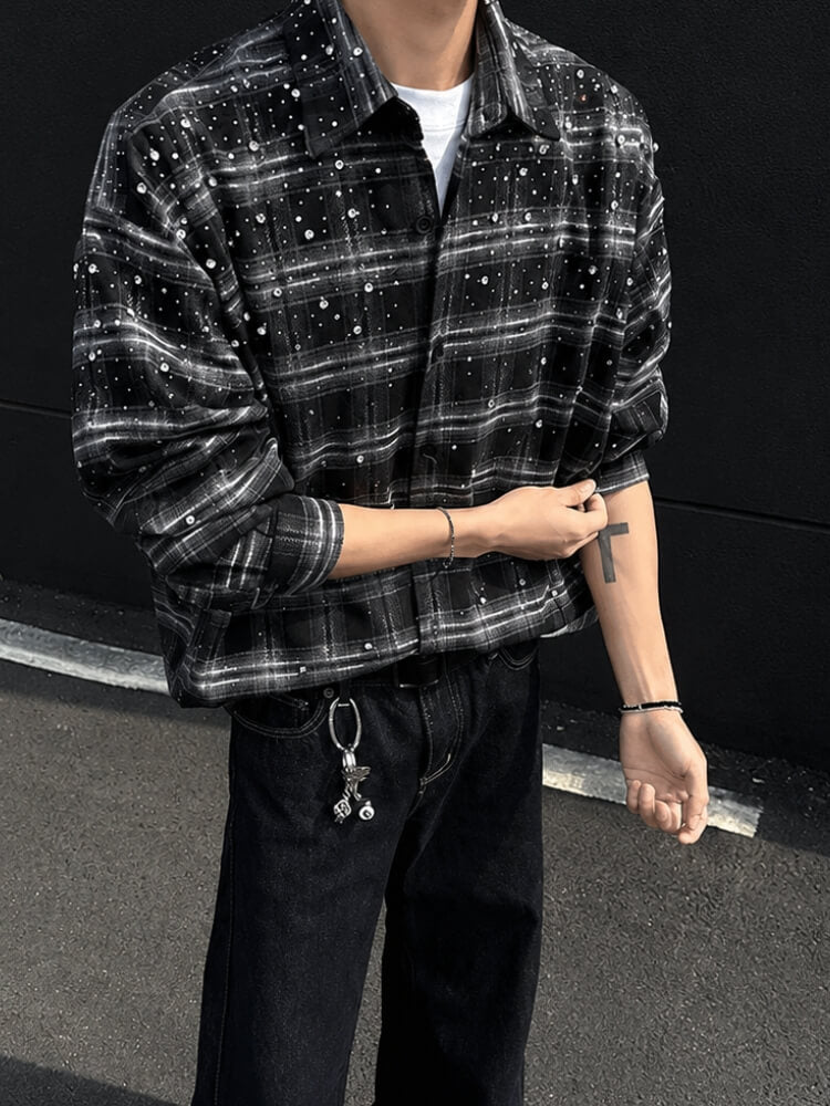 Men’s Plaid Shirt with Rhinestone Details