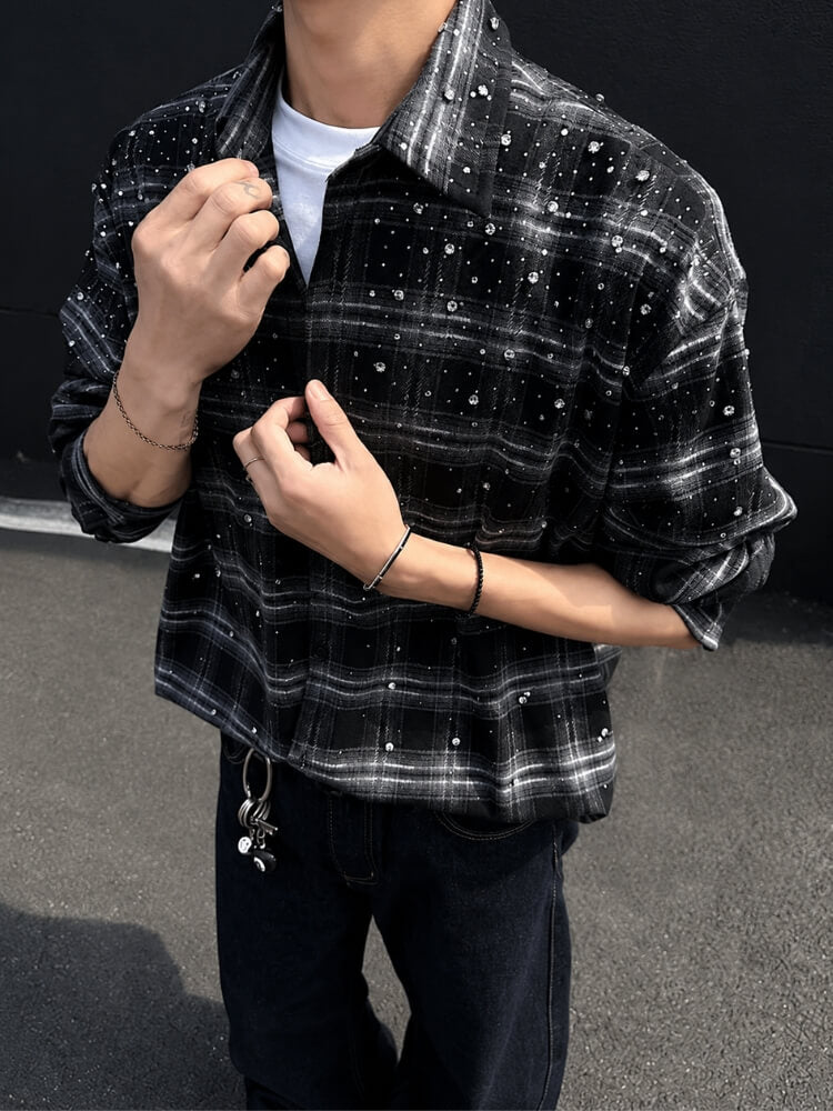 Men’s Plaid Shirt with Rhinestone Details