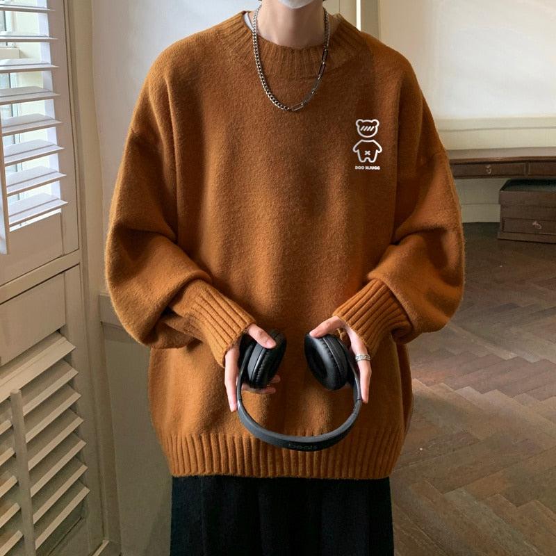 Men's Mock Neck Bear Embroidered Knit Sweater