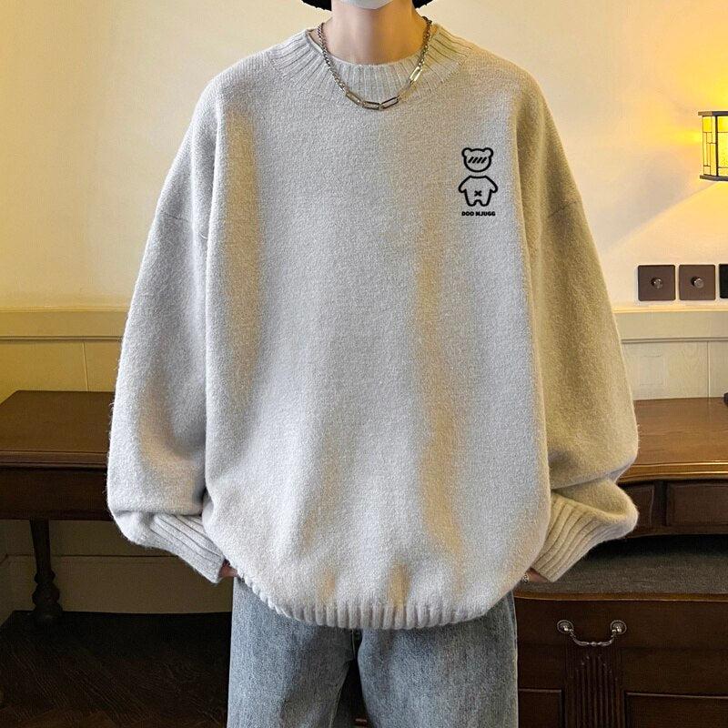 Men's Mock Neck Bear Embroidered Knit Sweater