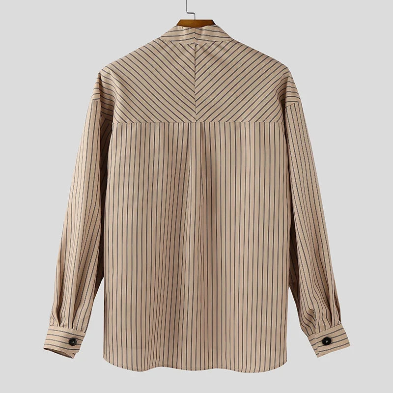 Men’s Striped Shirt with Collarless V-Neck