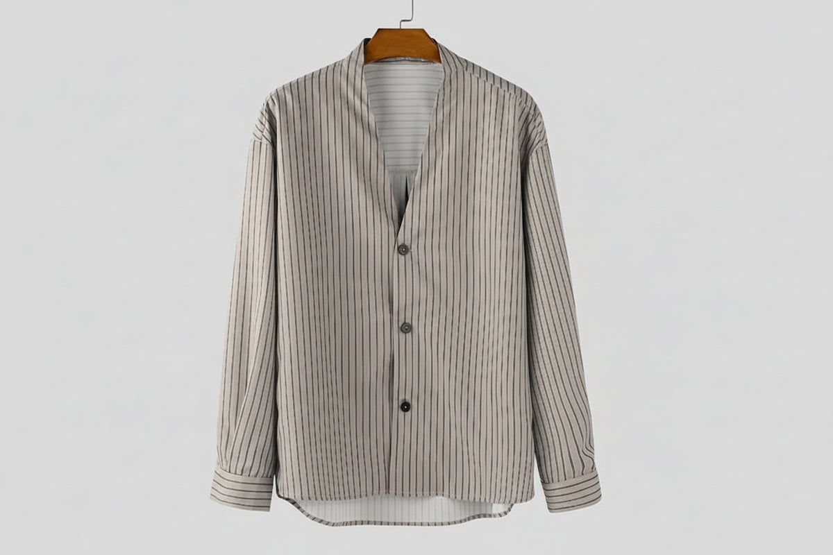 Men’s Striped Shirt with Collarless V-Neck
