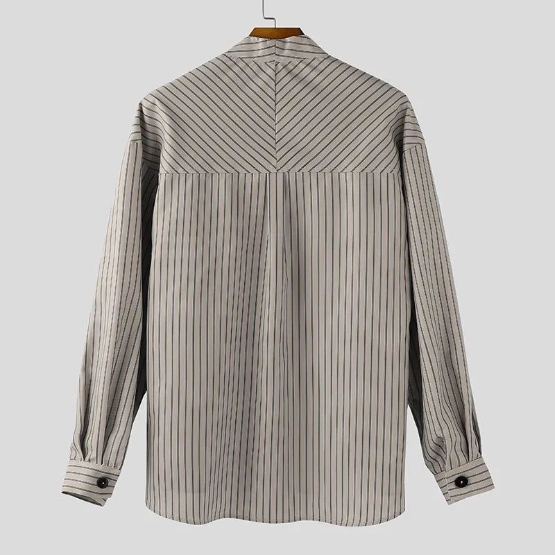 Men’s Striped Shirt with Collarless V-Neck