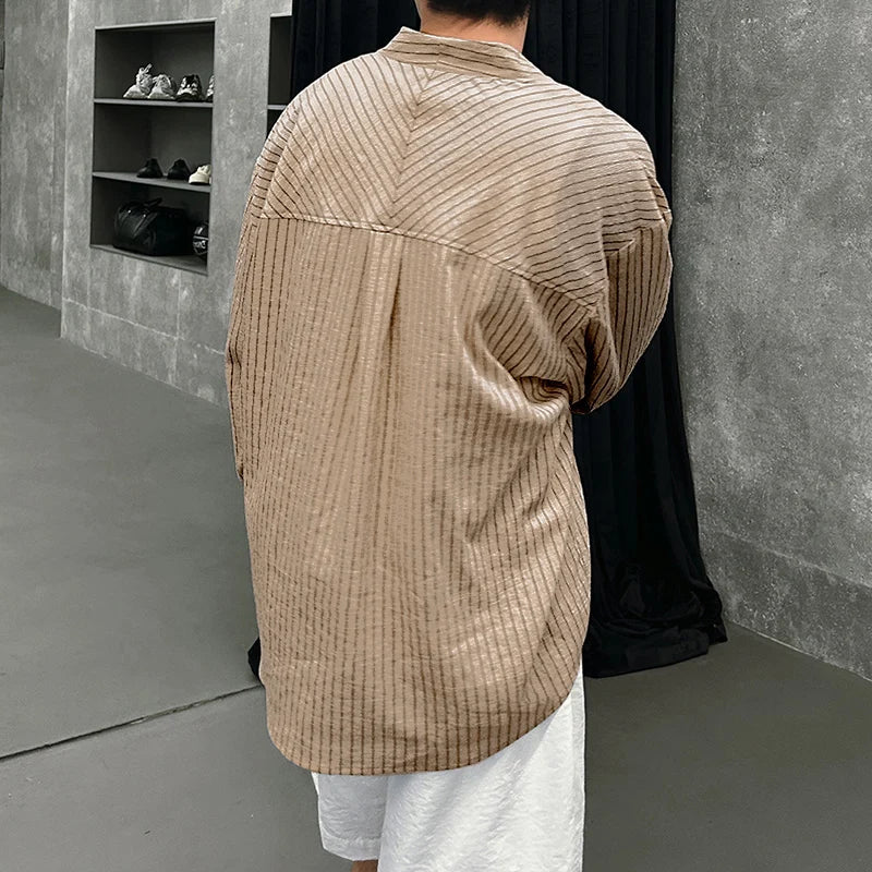 Men’s Striped Shirt with Collarless V-Neck