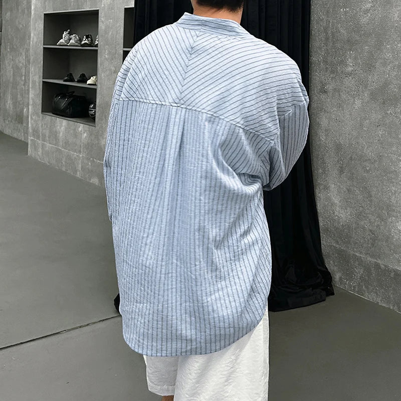 Men’s Striped Shirt with Collarless V-Neck