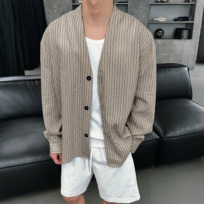 Men’s Striped Shirt with Collarless V-Neck