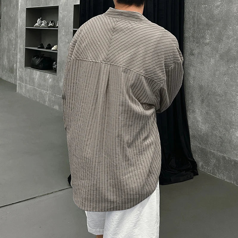 Men’s Striped Shirt with Collarless V-Neck