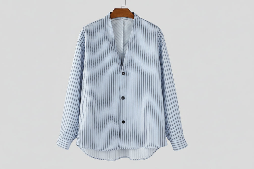 Men’s Striped Shirt with Collarless V-Neck