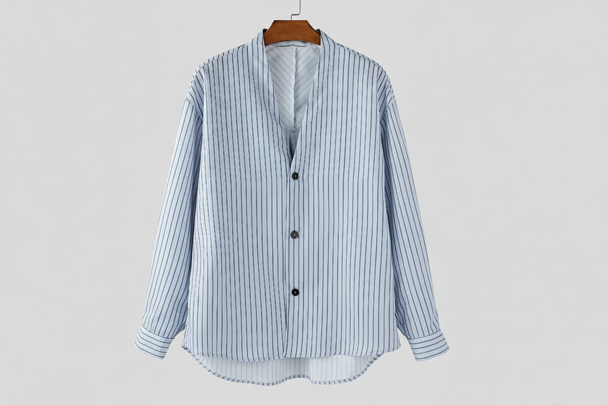 Men’s Striped Shirt with Collarless V-Neck