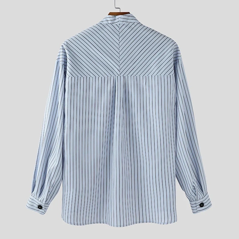 Men’s Striped Shirt with Collarless V-Neck