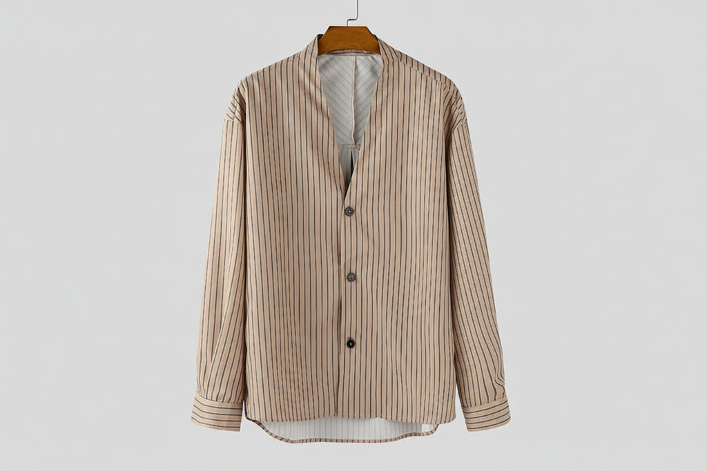 Men’s Striped Shirt with Collarless V-Neck