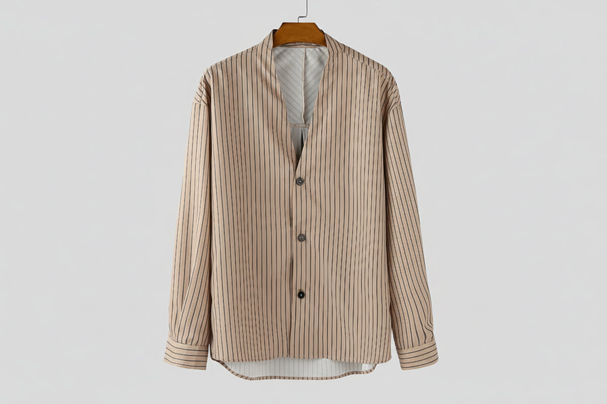 Men’s Striped Shirt with Collarless V-Neck