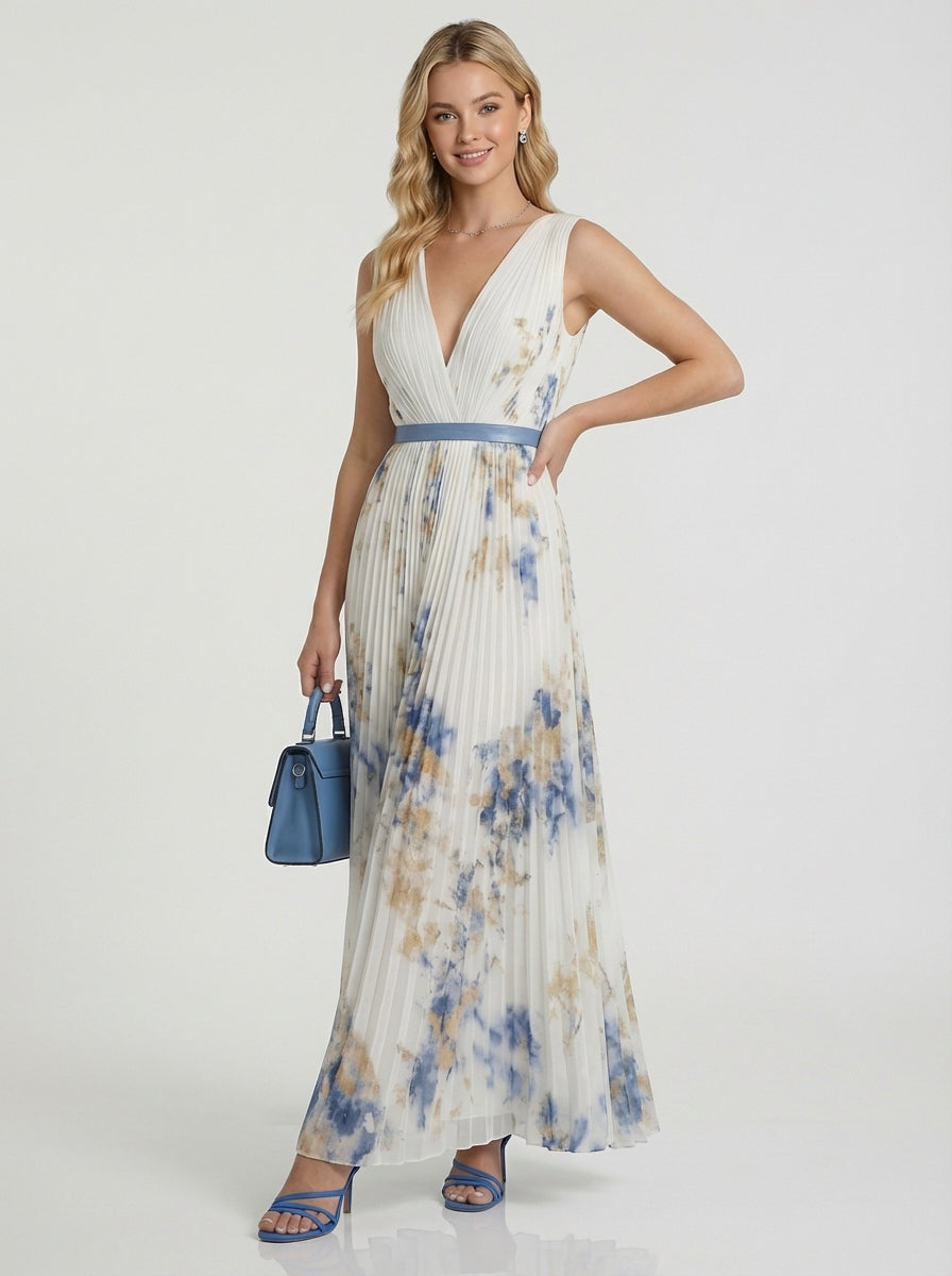 Nicole | Women’s Pleated V Neck Summer Floral Event Maxi Dress