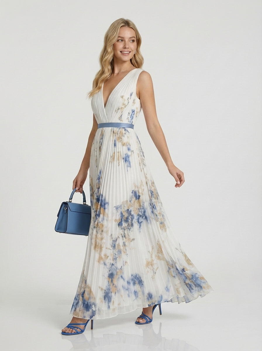 Nicole | Women’s Pleated V Neck Summer Floral Event Maxi Dress